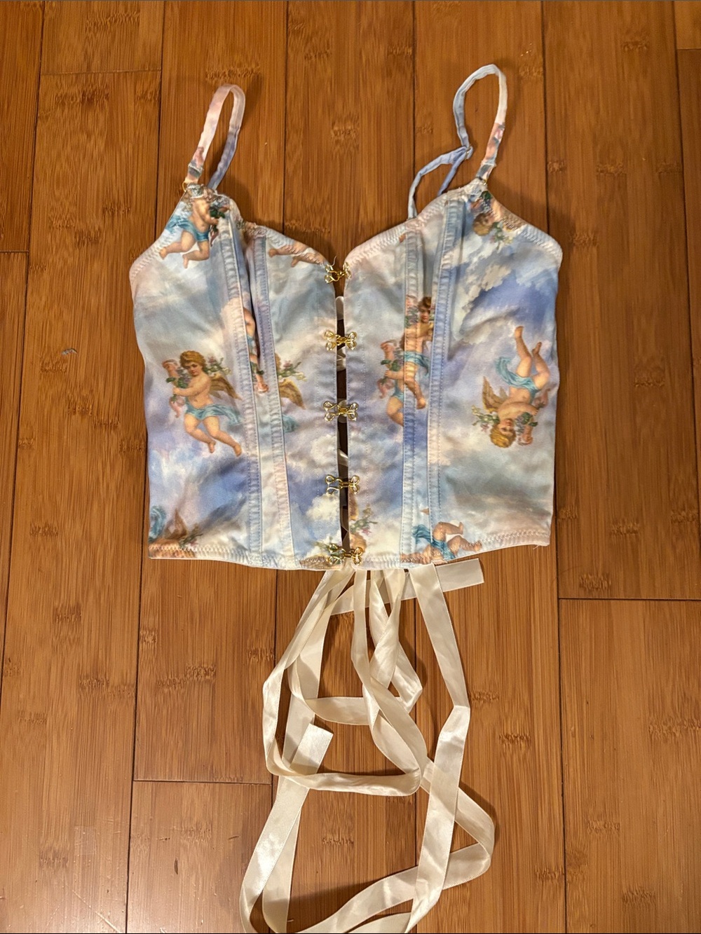 ASOS Satin Cherub Print Corset Cami in Light Blue and Cream